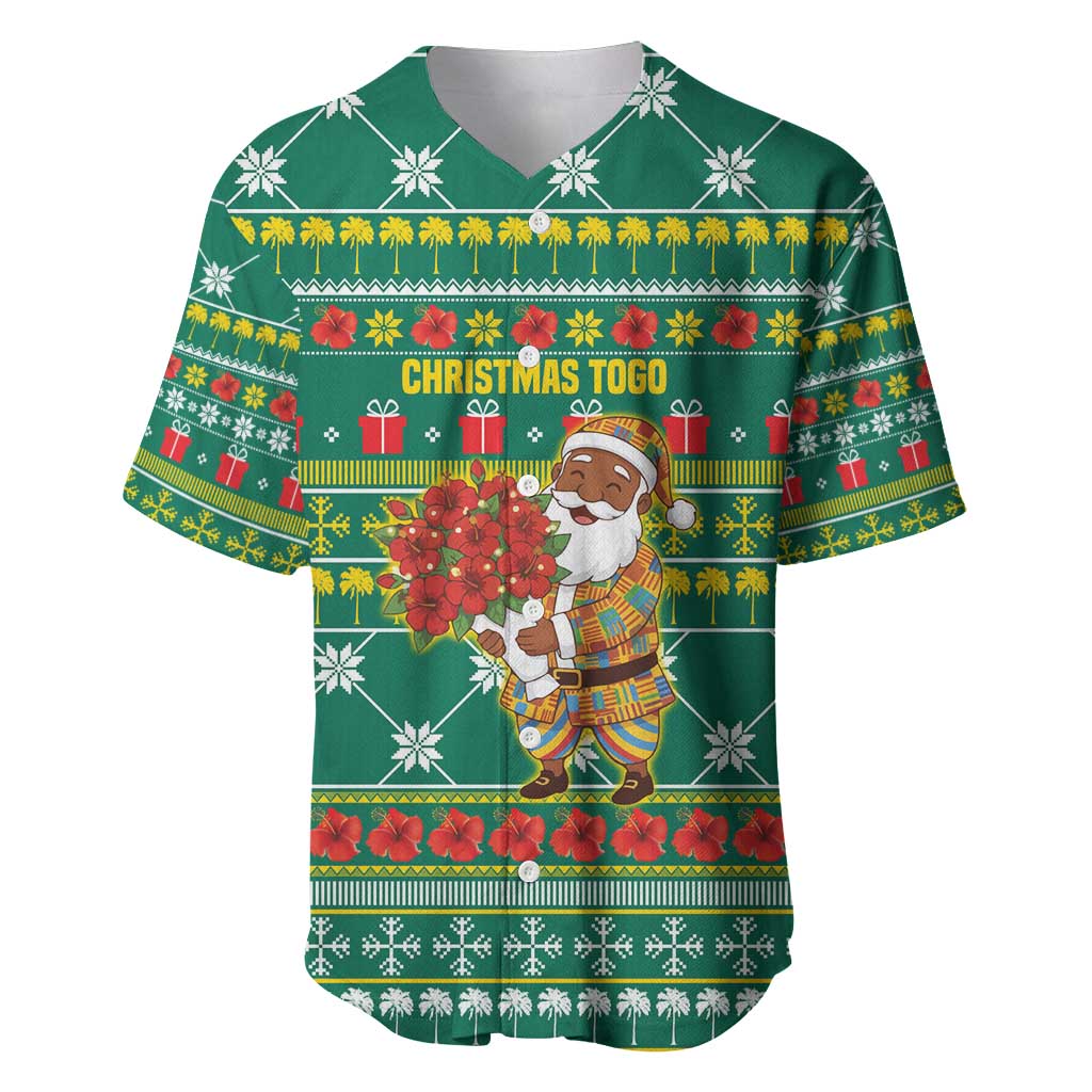 Togo Christmas Baseball Jersey with Santa Poinsettia Flower Tree Gifts and African Print Pattern - Wonder Print Shop