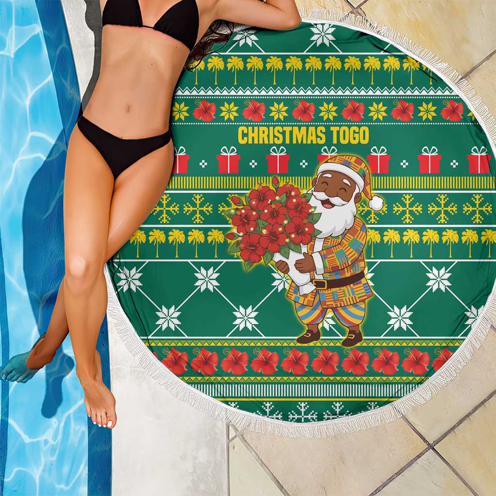 Togo Christmas Beach Blanket with Santa Poinsettia Flower Tree Gifts and African Print Pattern - Wonder Print Shop