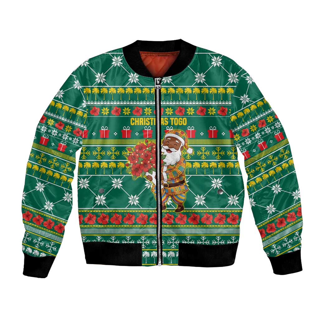Togo Christmas Bomber Jacket with Santa Poinsettia Flower Tree Gifts and African Print Pattern - Wonder Print Shop