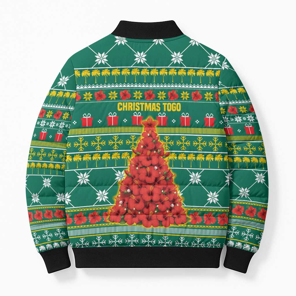 Togo Christmas Bomber Puffer Jacket with Santa Poinsettia Flower Tree Gifts and African Print Pattern - Wonder Print Shop