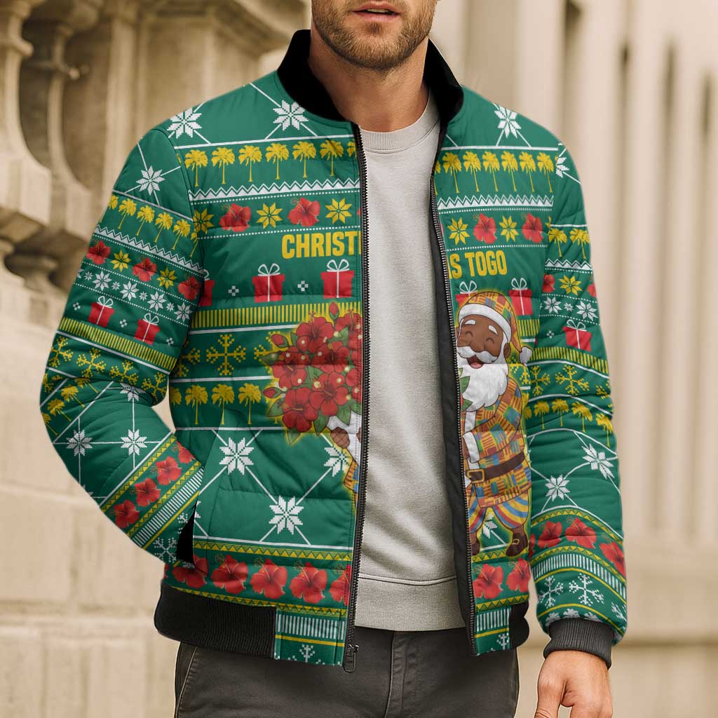 Togo Christmas Bomber Puffer Jacket with Santa Poinsettia Flower Tree Gifts and African Print Pattern - Wonder Print Shop