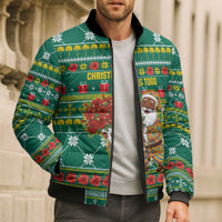 Togo Christmas Bomber Puffer Jacket with Santa Poinsettia Flower Tree Gifts and African Print Pattern - Wonder Print Shop