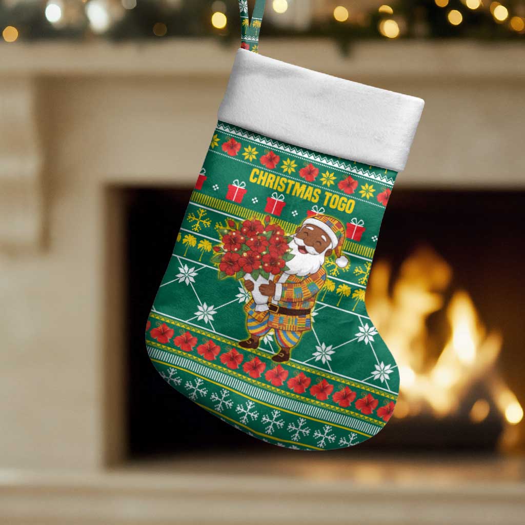 Togo Christmas Stocking with Santa Poinsettia Flower Tree Gifts and African Print Pattern - Wonder Print Shop