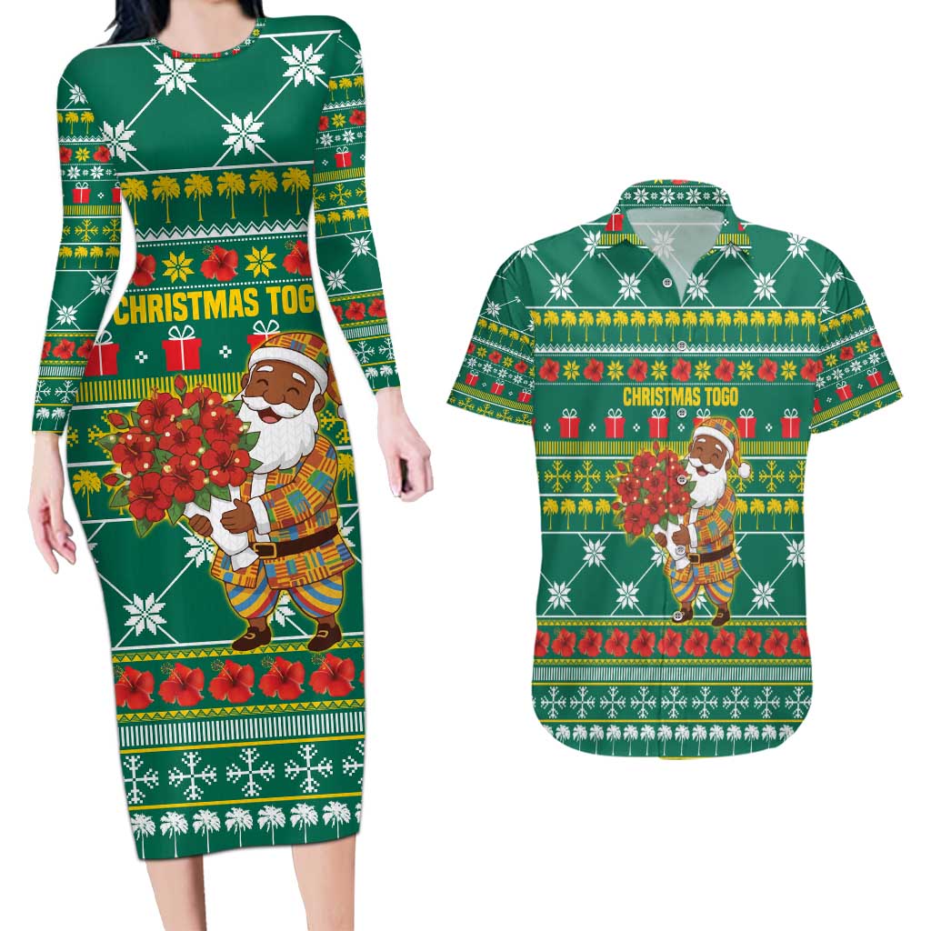 Togo Christmas Couples Matching Long Sleeve Bodycon Dress and Hawaiian Shirt with Santa Poinsettia Flower Tree Gifts and African Print Pattern - Wonder Print Shop