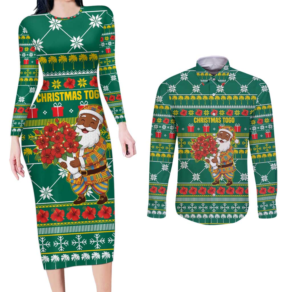 Togo Christmas Couples Matching Long Sleeve Bodycon Dress and Long Sleeve Button Shirt with Santa Poinsettia Flower Tree Gifts and African Print Pattern - Wonder Print Shop
