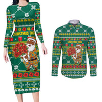 Togo Christmas Couples Matching Long Sleeve Bodycon Dress and Long Sleeve Button Shirt with Santa Poinsettia Flower Tree Gifts and African Print Pattern - Wonder Print Shop
