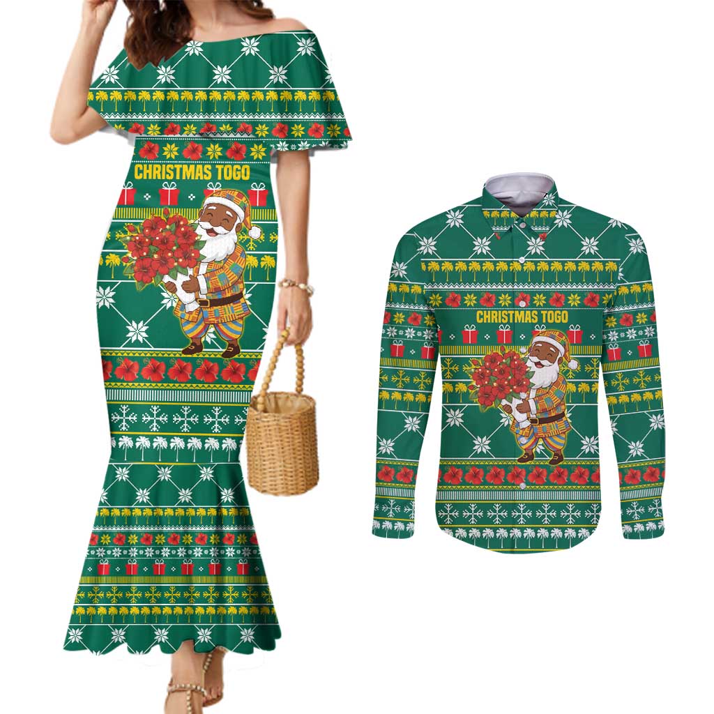 Togo Christmas Couples Matching Mermaid Dress and Long Sleeve Button Shirt with Santa Poinsettia Flower Tree Gifts and African Print Pattern - Wonder Print Shop