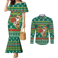 Togo Christmas Couples Matching Mermaid Dress and Long Sleeve Button Shirt with Santa Poinsettia Flower Tree Gifts and African Print Pattern - Wonder Print Shop