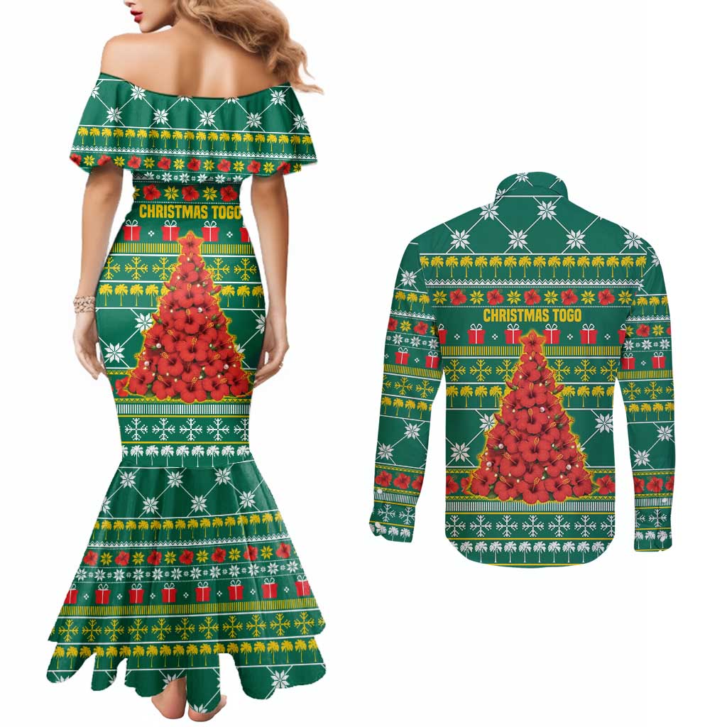 Togo Christmas Couples Matching Mermaid Dress and Long Sleeve Button Shirt with Santa Poinsettia Flower Tree Gifts and African Print Pattern - Wonder Print Shop