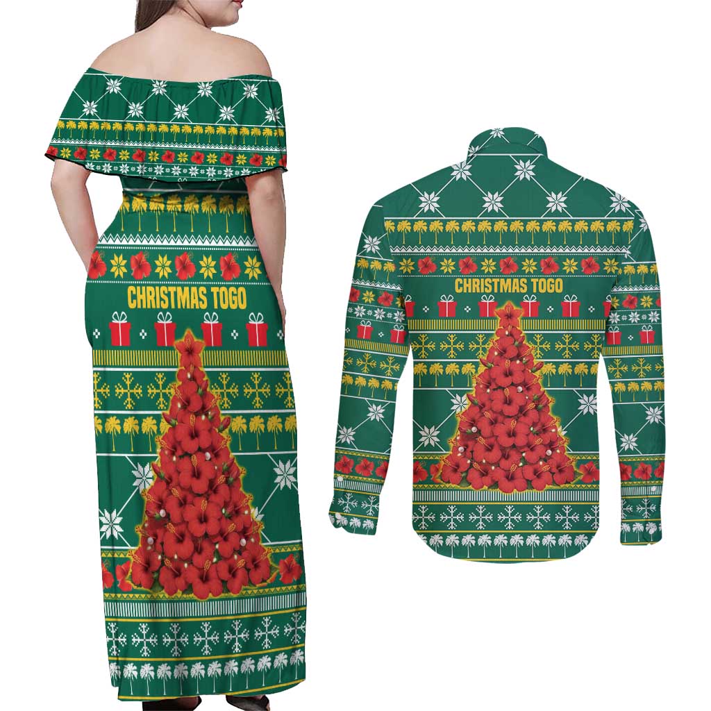 Togo Christmas Couples Matching Off Shoulder Maxi Dress and Long Sleeve Button Shirt with Santa Poinsettia Flower Tree Gifts and African Print Pattern - Wonder Print Shop
