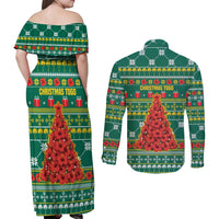 Togo Christmas Couples Matching Off Shoulder Maxi Dress and Long Sleeve Button Shirt with Santa Poinsettia Flower Tree Gifts and African Print Pattern - Wonder Print Shop