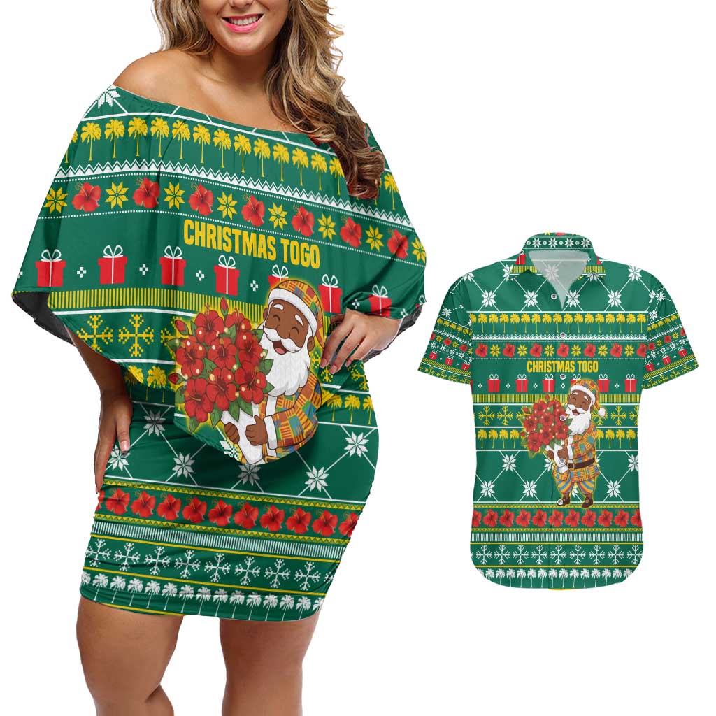 Togo Christmas Couples Matching Off Shoulder Short Dress and Hawaiian Shirt with Santa Poinsettia Flower Tree Gifts and African Print Pattern - Wonder Print Shop