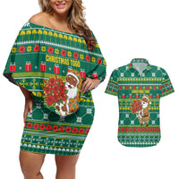 Togo Christmas Couples Matching Off Shoulder Short Dress and Hawaiian Shirt with Santa Poinsettia Flower Tree Gifts and African Print Pattern - Wonder Print Shop