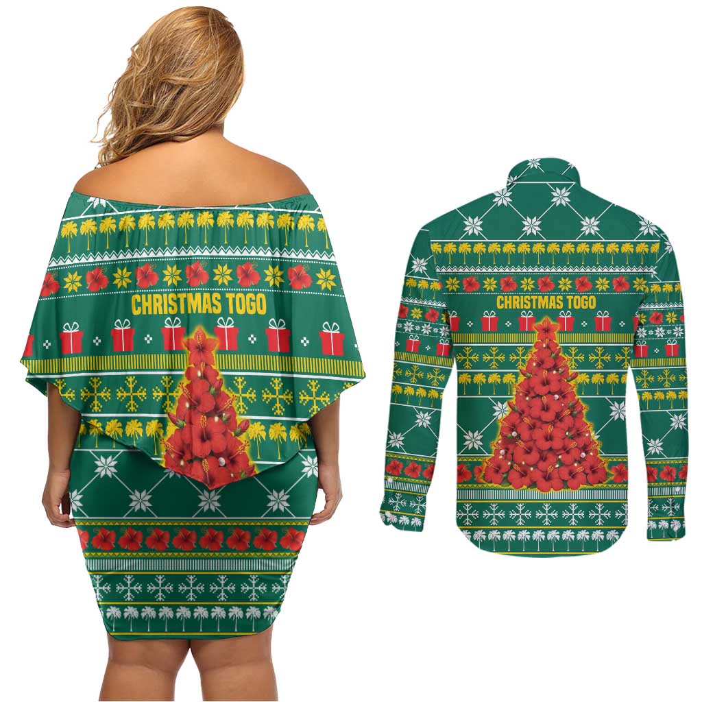 Togo Christmas Couples Matching Off Shoulder Short Dress and Long Sleeve Button Shirt with Santa Poinsettia Flower Tree Gifts and African Print Pattern - Wonder Print Shop