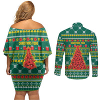 Togo Christmas Couples Matching Off Shoulder Short Dress and Long Sleeve Button Shirt with Santa Poinsettia Flower Tree Gifts and African Print Pattern - Wonder Print Shop