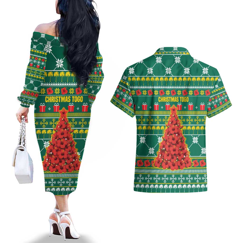 Togo Christmas Couples Matching Off The Shoulder Long Sleeve Dress and Hawaiian Shirt with Santa Poinsettia Flower Tree Gifts and African Print Pattern - Wonder Print Shop
