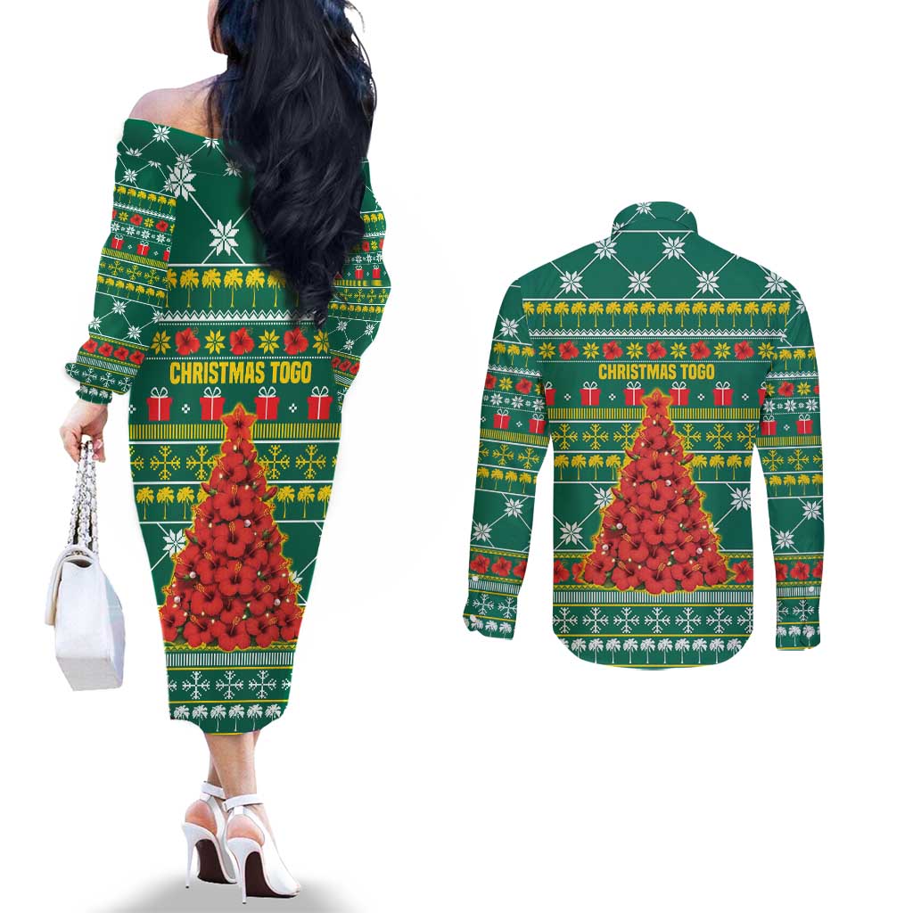 Togo Christmas Couples Matching Off The Shoulder Long Sleeve Dress and Long Sleeve Button Shirt with Santa Poinsettia Flower Tree Gifts and African Print Pattern - Wonder Print Shop