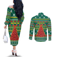 Togo Christmas Couples Matching Off The Shoulder Long Sleeve Dress and Long Sleeve Button Shirt with Santa Poinsettia Flower Tree Gifts and African Print Pattern - Wonder Print Shop