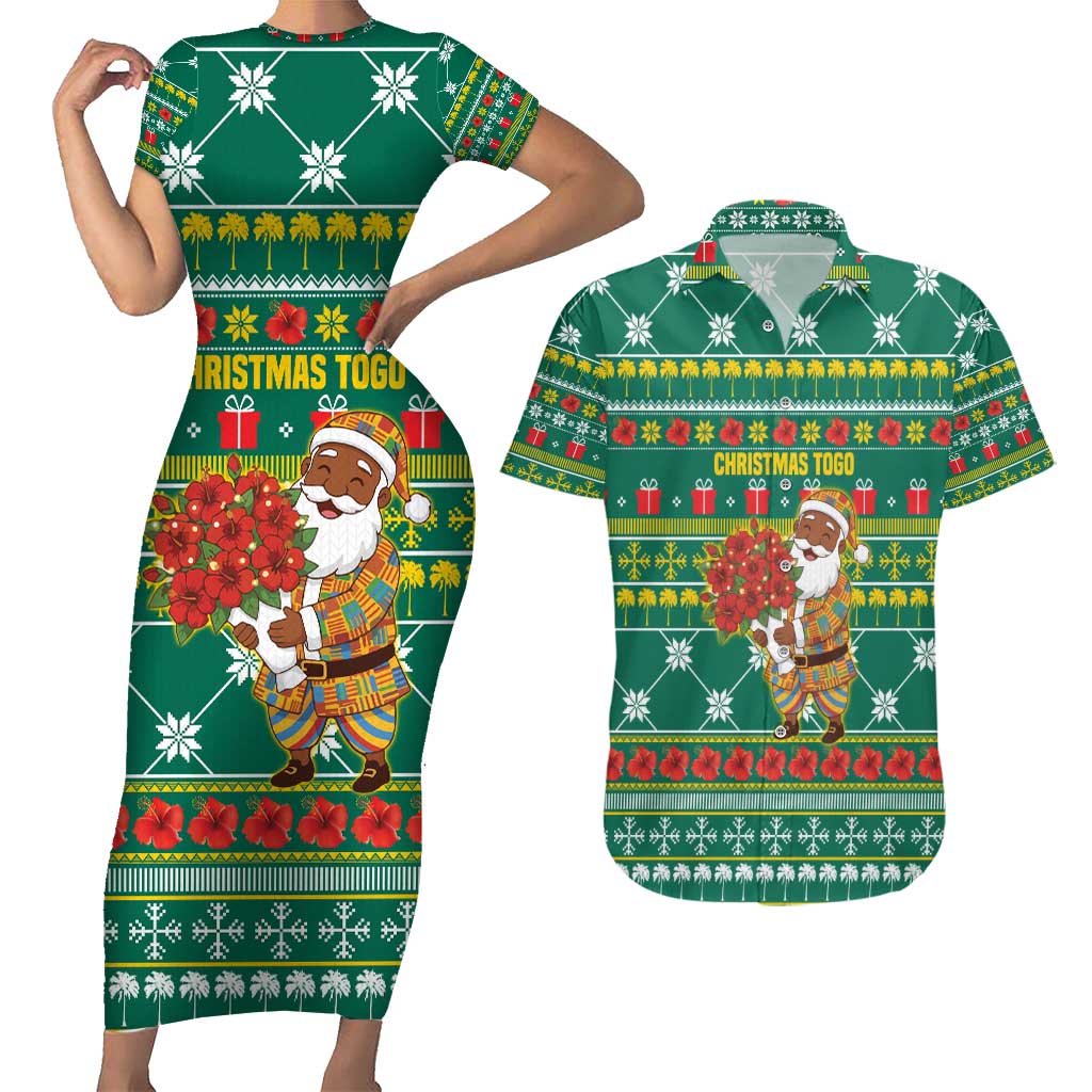 Togo Christmas Couples Matching Short Sleeve Bodycon Dress and Hawaiian Shirt with Santa Poinsettia Flower Tree Gifts and African Print Pattern - Wonder Print Shop