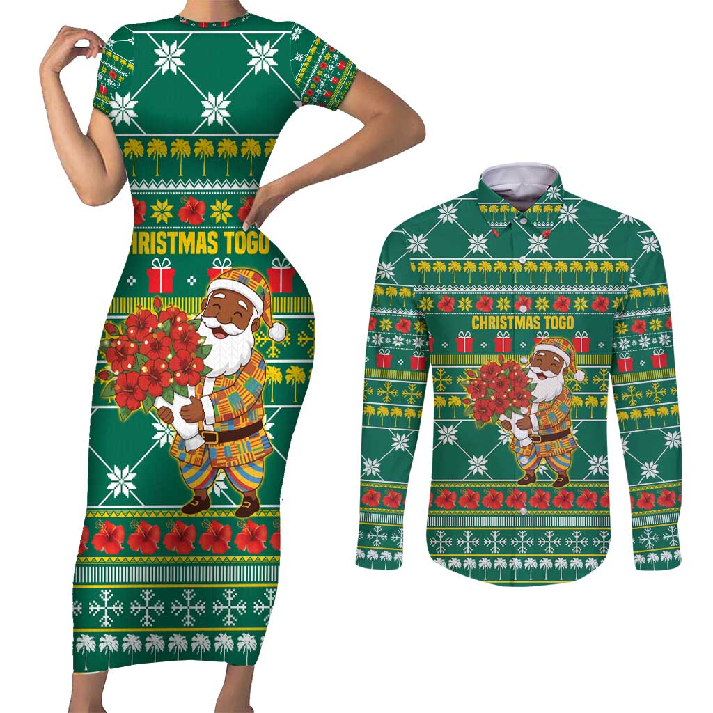 Togo Christmas Couples Matching Short Sleeve Bodycon Dress and Long Sleeve Button Shirt with Santa Poinsettia Flower Tree Gifts and African Print Pattern - Wonder Print Shop