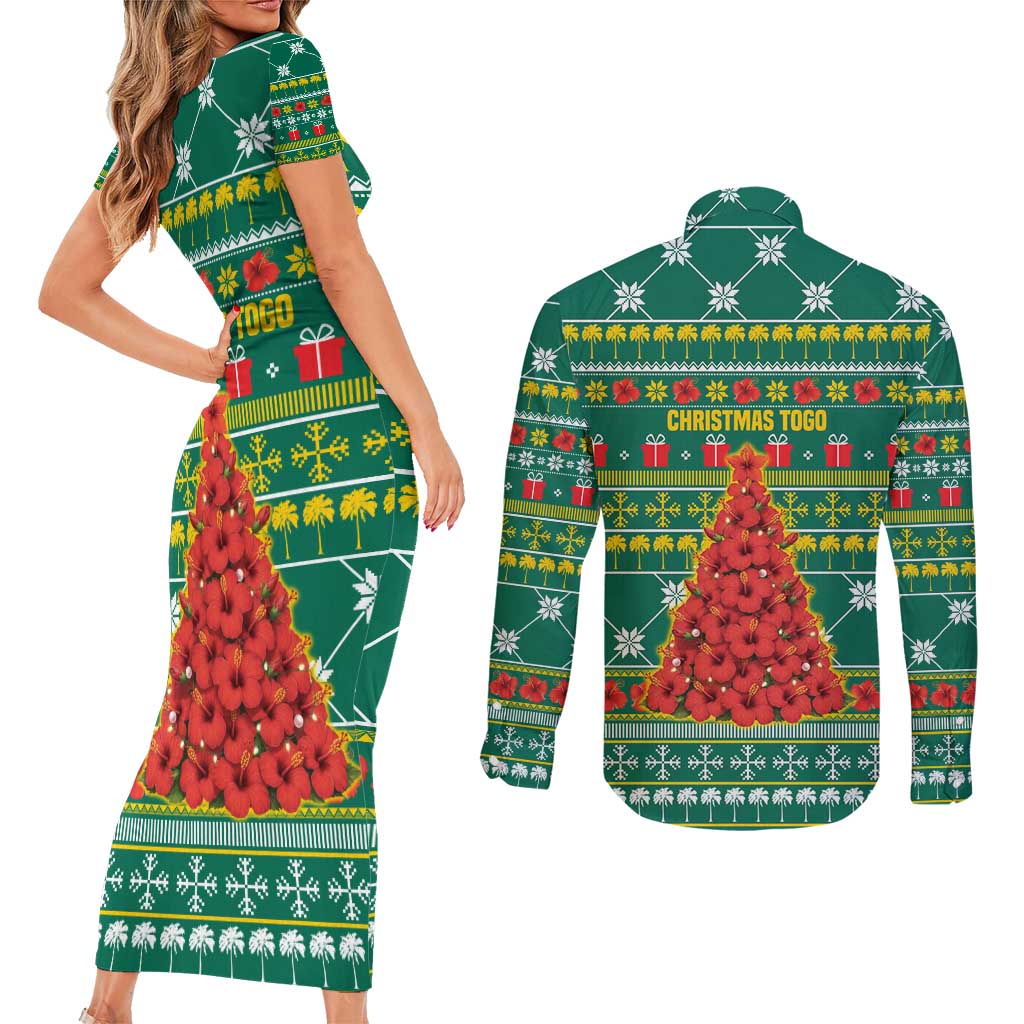 Togo Christmas Couples Matching Short Sleeve Bodycon Dress and Long Sleeve Button Shirt with Santa Poinsettia Flower Tree Gifts and African Print Pattern - Wonder Print Shop