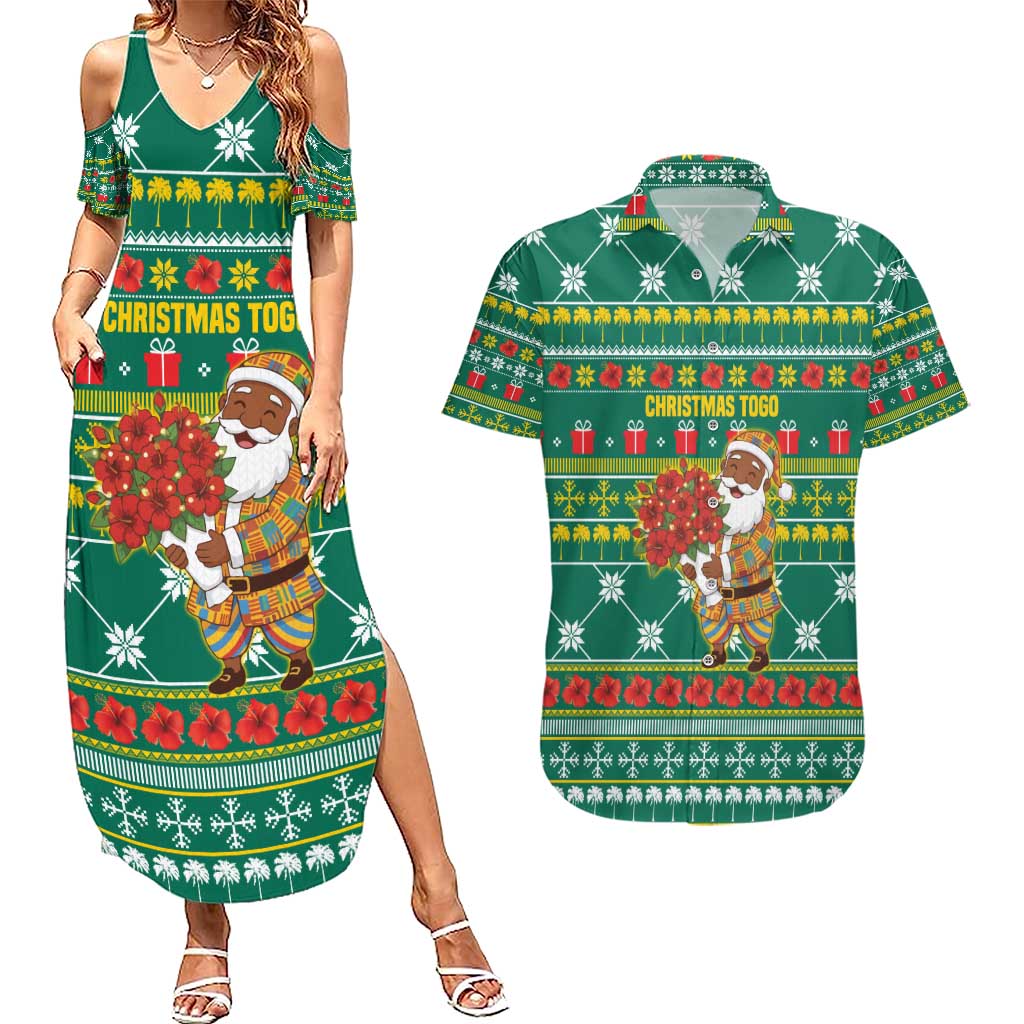 Togo Christmas Couples Matching Summer Maxi Dress and Hawaiian Shirt with Santa Poinsettia Flower Tree Gifts and African Print Pattern - Wonder Print Shop