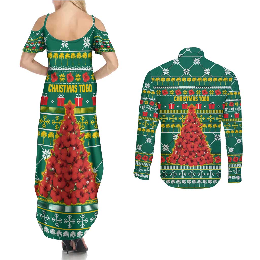 Togo Christmas Couples Matching Summer Maxi Dress and Long Sleeve Button Shirt with Santa Poinsettia Flower Tree Gifts and African Print Pattern - Wonder Print Shop