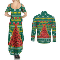 Togo Christmas Couples Matching Summer Maxi Dress and Long Sleeve Button Shirt with Santa Poinsettia Flower Tree Gifts and African Print Pattern - Wonder Print Shop