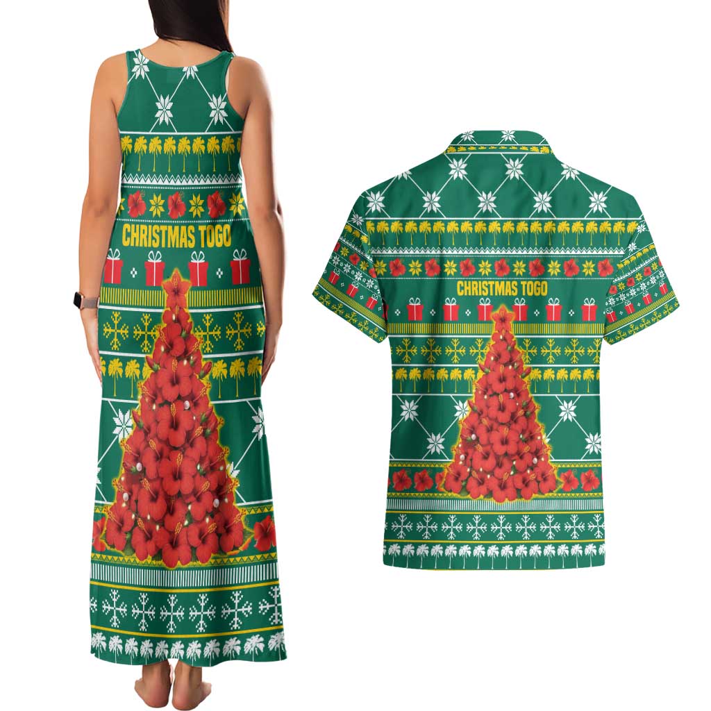 Togo Christmas Couples Matching Tank Maxi Dress and Hawaiian Shirt with Santa Poinsettia Flower Tree Gifts and African Print Pattern - Wonder Print Shop