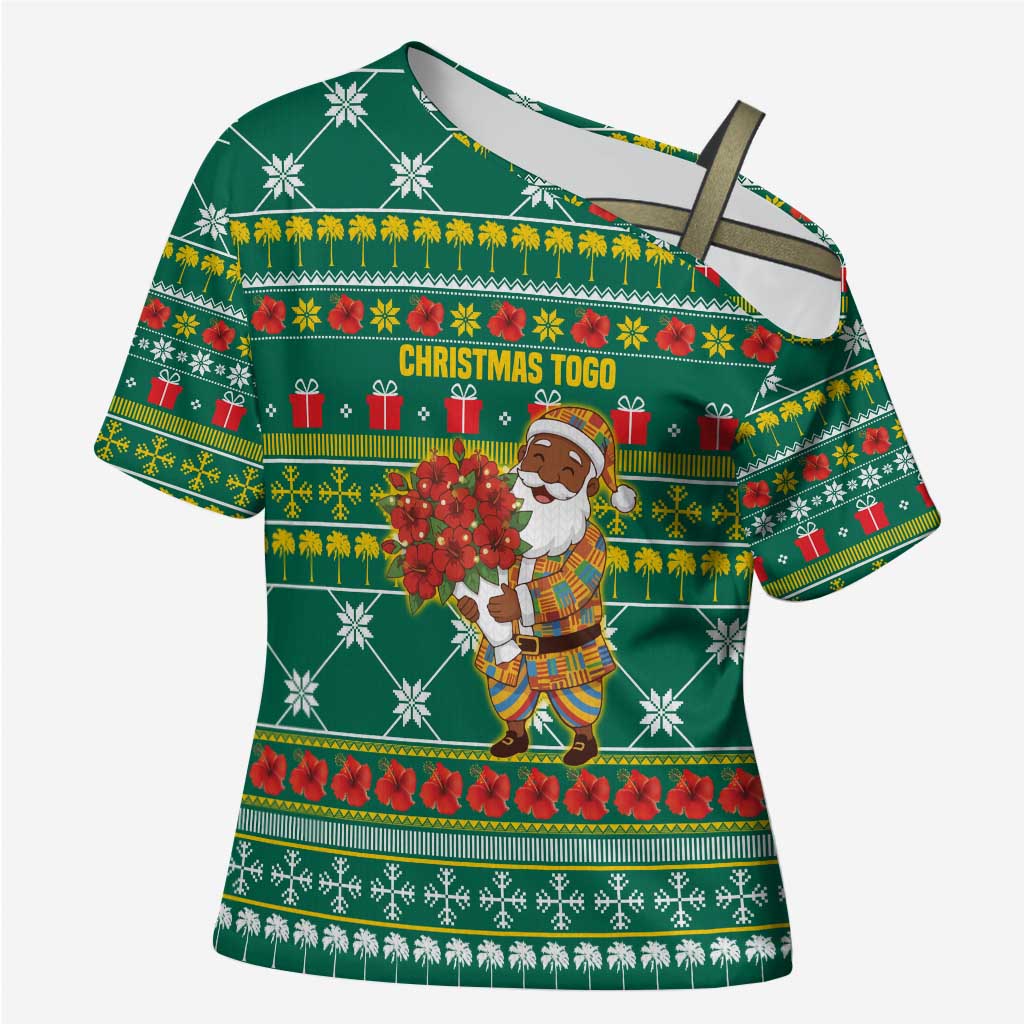 Togo Christmas Cross Shoulder Shirt with Santa Poinsettia Flower Tree Gifts and African Print Pattern - Wonder Print Shop