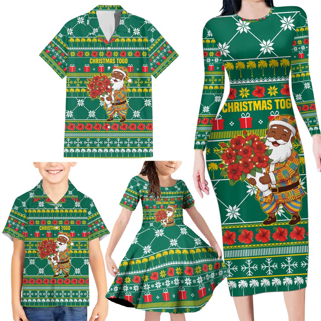 Togo Christmas Family Matching Long Sleeve Bodycon Dress and Hawaiian Shirt with Santa Poinsettia Flower Tree Gifts and African Print Pattern - Wonder Print Shop