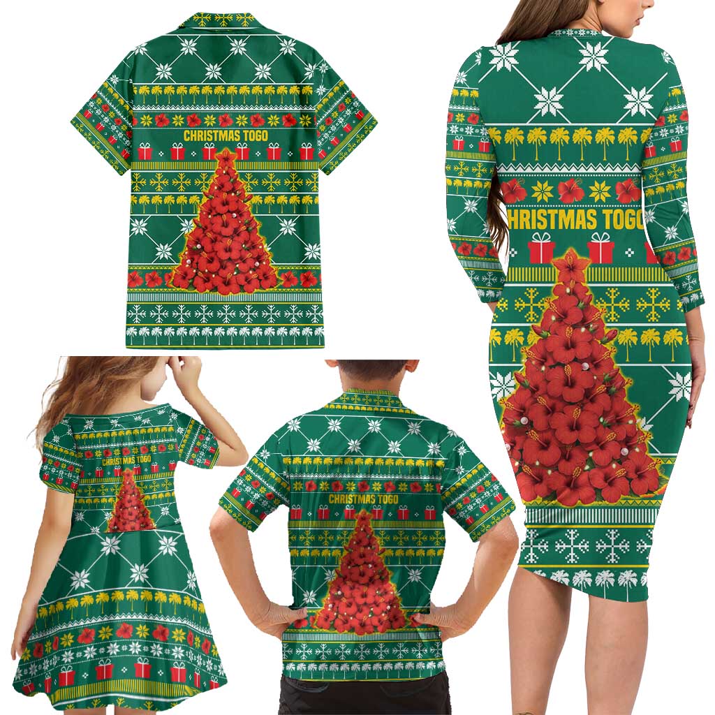Togo Christmas Family Matching Long Sleeve Bodycon Dress and Hawaiian Shirt with Santa Poinsettia Flower Tree Gifts and African Print Pattern - Wonder Print Shop