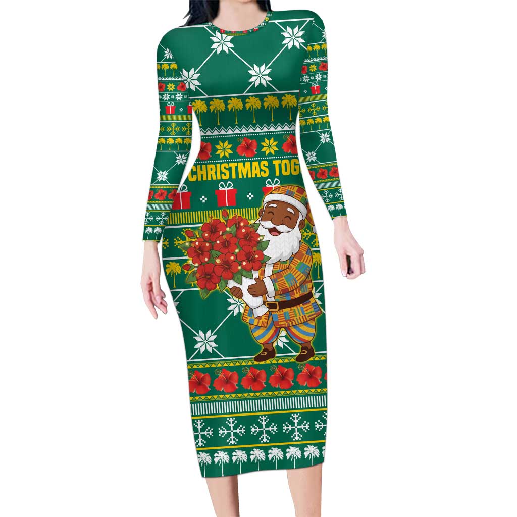 Togo Christmas Family Matching Long Sleeve Bodycon Dress and Hawaiian Shirt with Santa Poinsettia Flower Tree Gifts and African Print Pattern - Wonder Print Shop