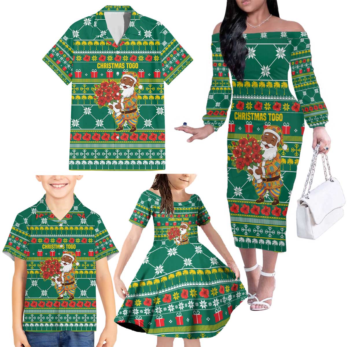 Togo Christmas Family Matching Off The Shoulder Long Sleeve Dress and Hawaiian Shirt with Santa Poinsettia Flower Tree Gifts and African Print Pattern - Wonder Print Shop