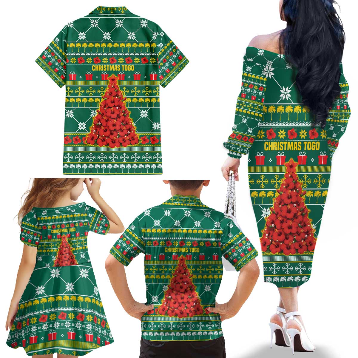 Togo Christmas Family Matching Off The Shoulder Long Sleeve Dress and Hawaiian Shirt with Santa Poinsettia Flower Tree Gifts and African Print Pattern - Wonder Print Shop