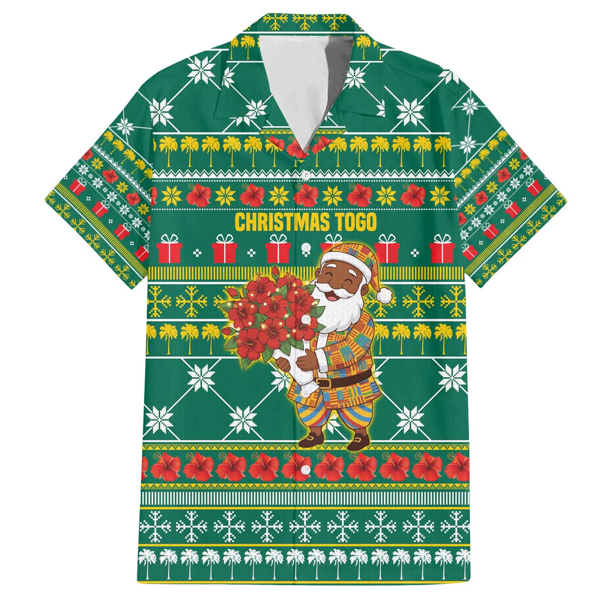 Togo Christmas Family Matching Off The Shoulder Long Sleeve Dress and Hawaiian Shirt with Santa Poinsettia Flower Tree Gifts and African Print Pattern - Wonder Print Shop