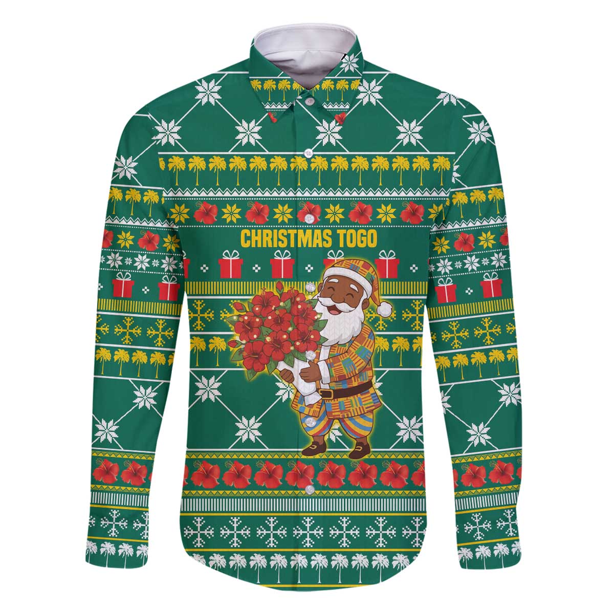 Togo Christmas Family Matching Off The Shoulder Long Sleeve Dress and Hawaiian Shirt with Santa Poinsettia Flower Tree Gifts and African Print Pattern - Wonder Print Shop