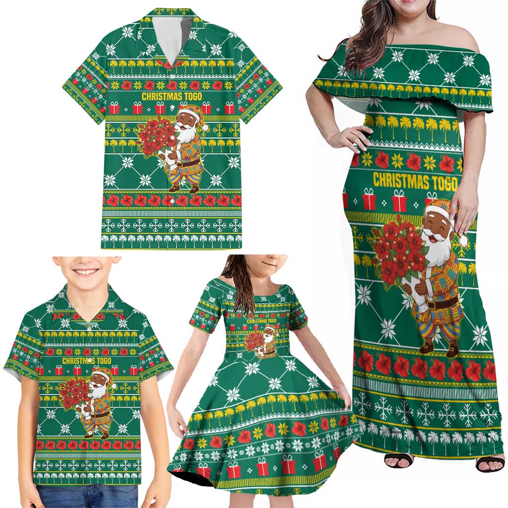 Togo Christmas Family Matching Off Shoulder Maxi Dress and Hawaiian Shirt with Santa Poinsettia Flower Tree Gifts and African Print Pattern - Wonder Print Shop