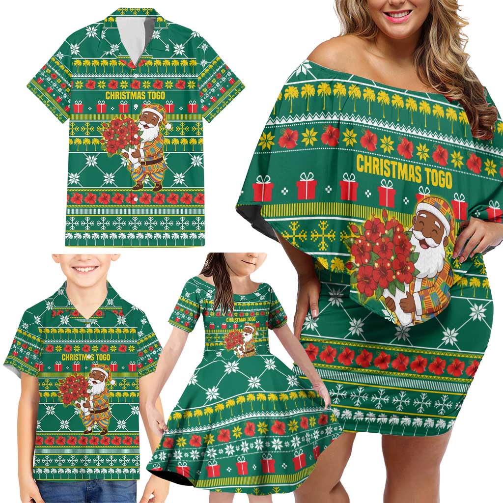Togo Christmas Family Matching Off Shoulder Short Dress and Hawaiian Shirt with Santa Poinsettia Flower Tree Gifts and African Print Pattern - Wonder Print Shop