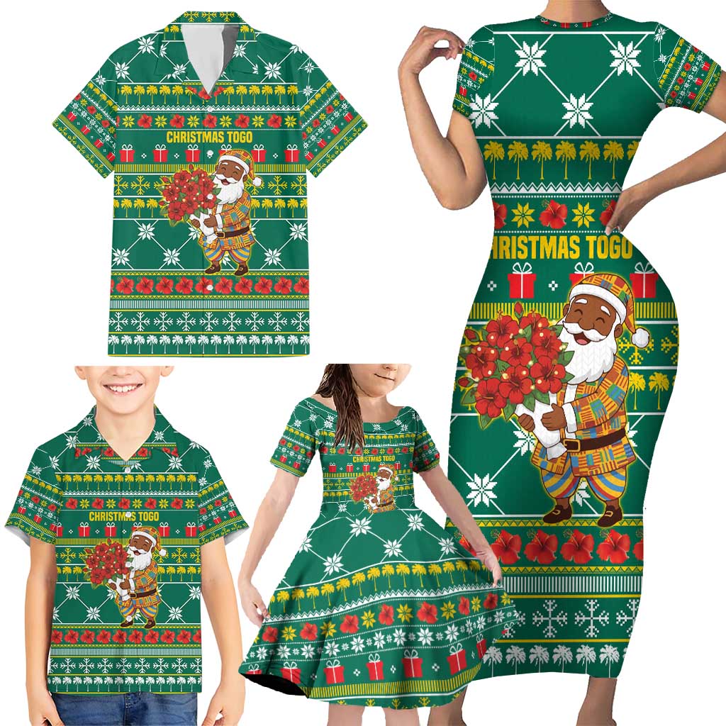 Togo Christmas Family Matching Short Sleeve Bodycon Dress and Hawaiian Shirt with Santa Poinsettia Flower Tree Gifts and African Print Pattern - Wonder Print Shop