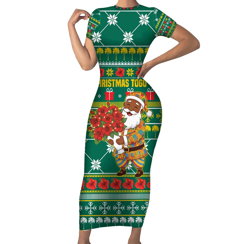 Togo Christmas Family Matching Short Sleeve Bodycon Dress and Hawaiian Shirt with Santa Poinsettia Flower Tree Gifts and African Print Pattern - Wonder Print Shop