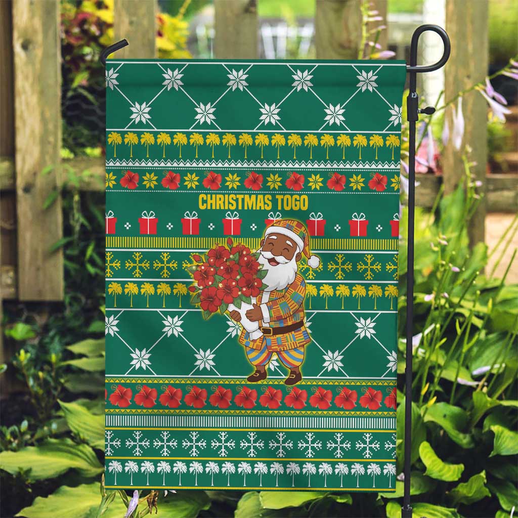 Togo Christmas Garden Flag with Santa Poinsettia Flower Tree Gifts and African Print Pattern - Wonder Print Shop