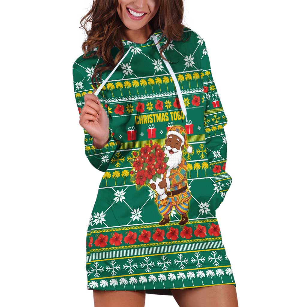 Togo Christmas Hoodie Dress with Santa Poinsettia Flower Tree Gifts and African Print Pattern - Wonder Print Shop