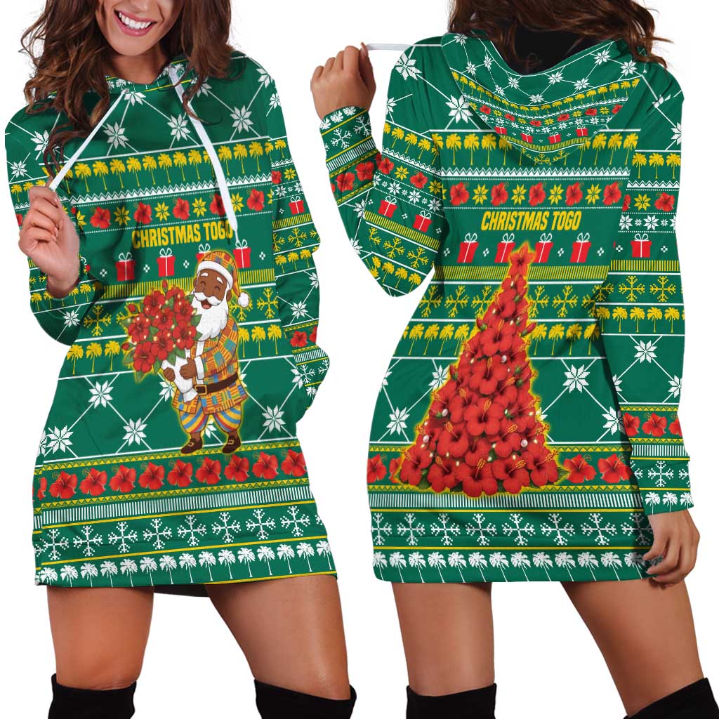 Togo Christmas Hoodie Dress with Santa Poinsettia Flower Tree Gifts and African Print Pattern - Wonder Print Shop