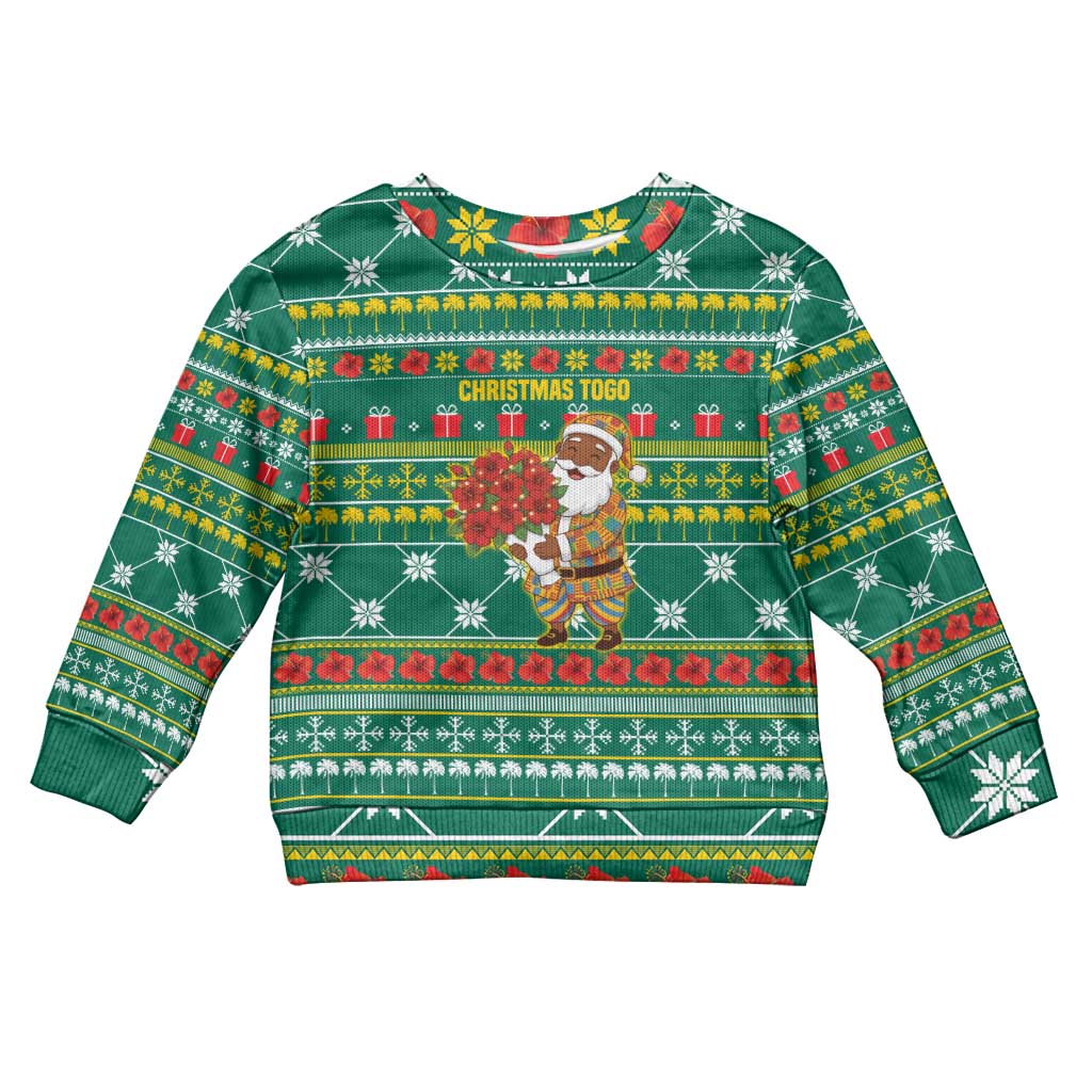 Togo Christmas Kid Ugly Christmas Sweater with Santa Poinsettia Flower Tree Gifts and African Print Pattern - Wonder Print Shop