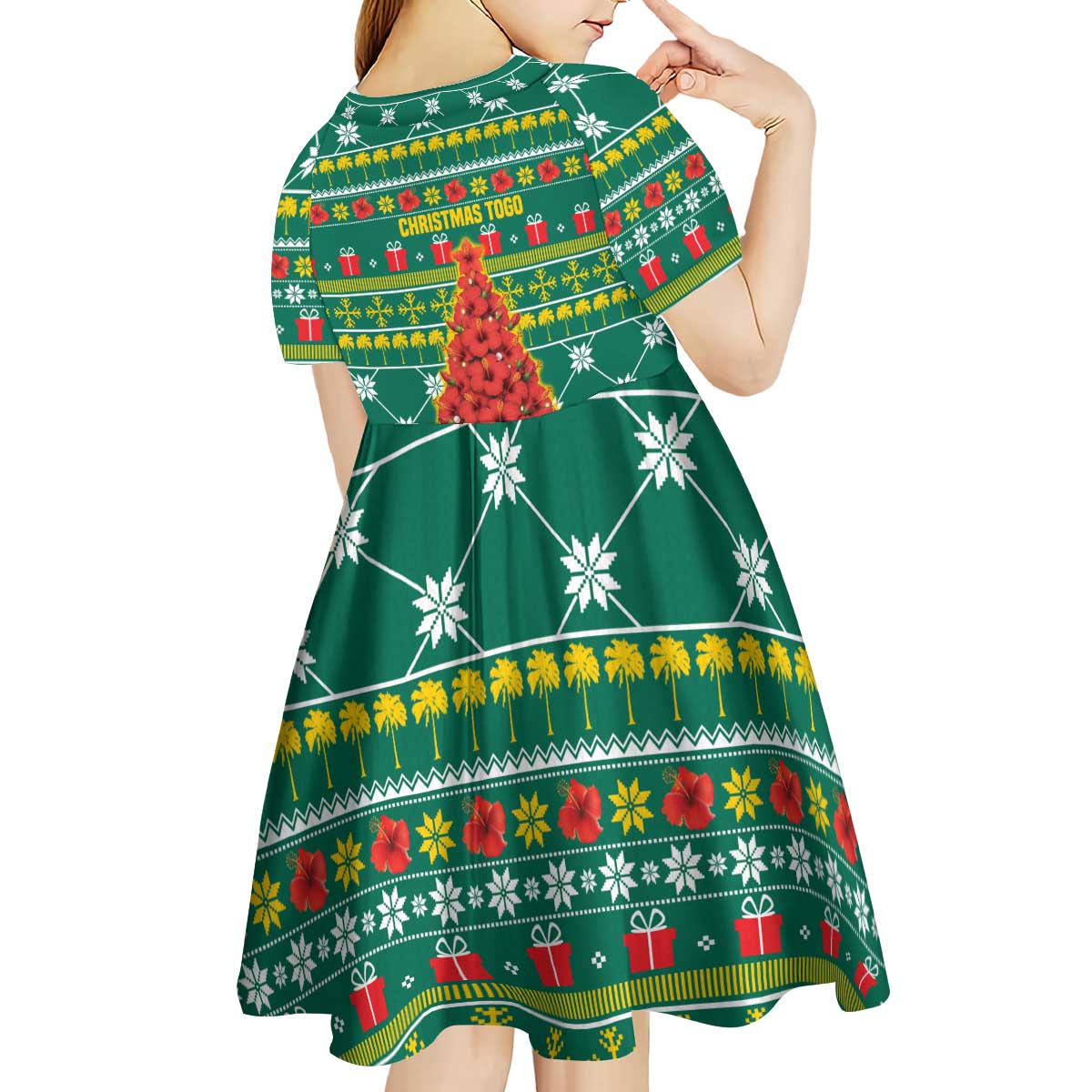 Togo Christmas Kid Short Sleeve Dress with Santa Poinsettia Flower Tree Gifts and African Print Pattern - Wonder Print Shop