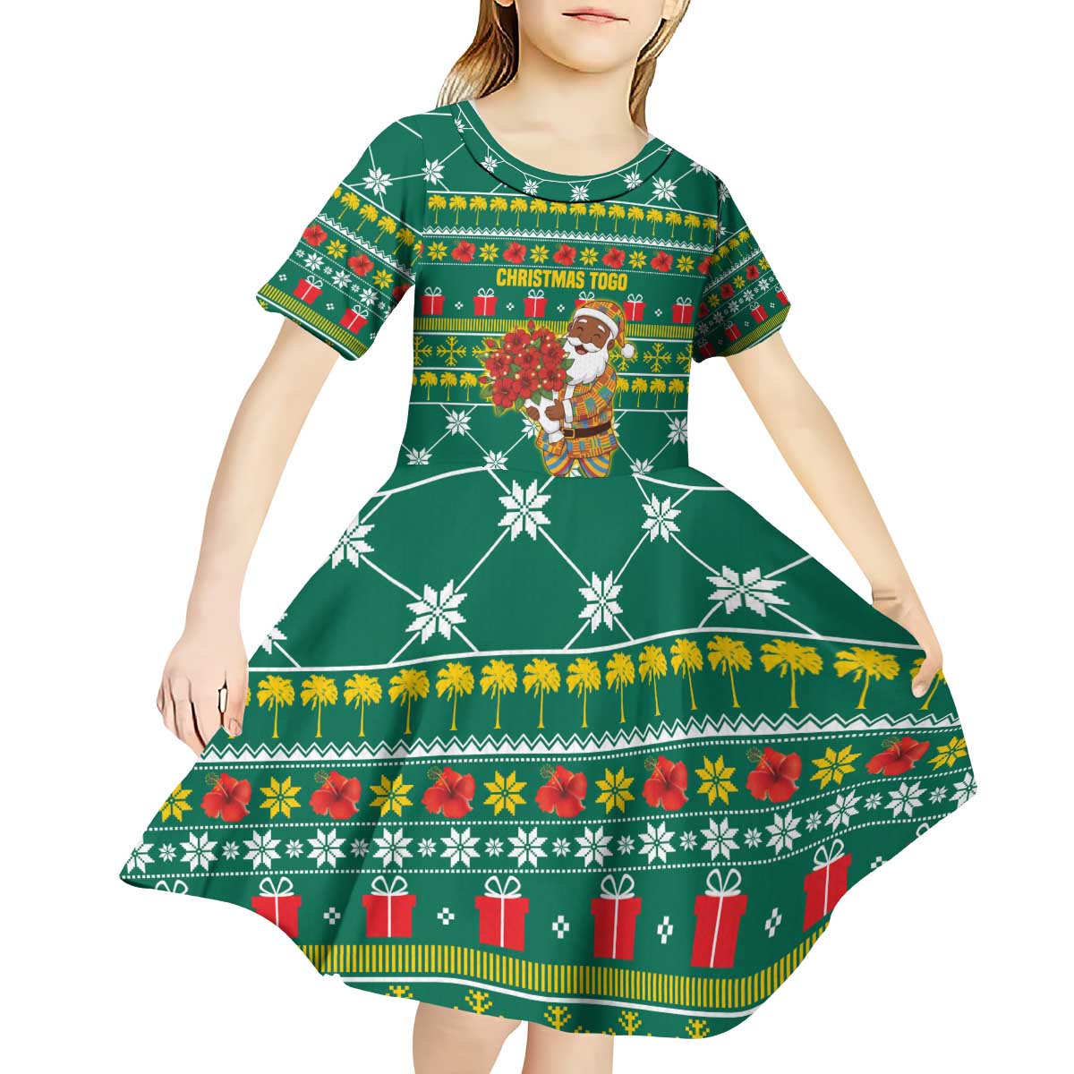 Togo Christmas Kid Short Sleeve Dress with Santa Poinsettia Flower Tree Gifts and African Print Pattern - Wonder Print Shop