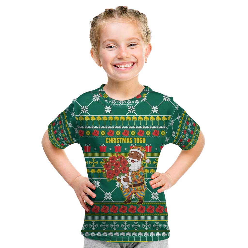 Togo Christmas Kid T Shirt with Santa Poinsettia Flower Tree Gifts and African Print Pattern - Wonder Print Shop