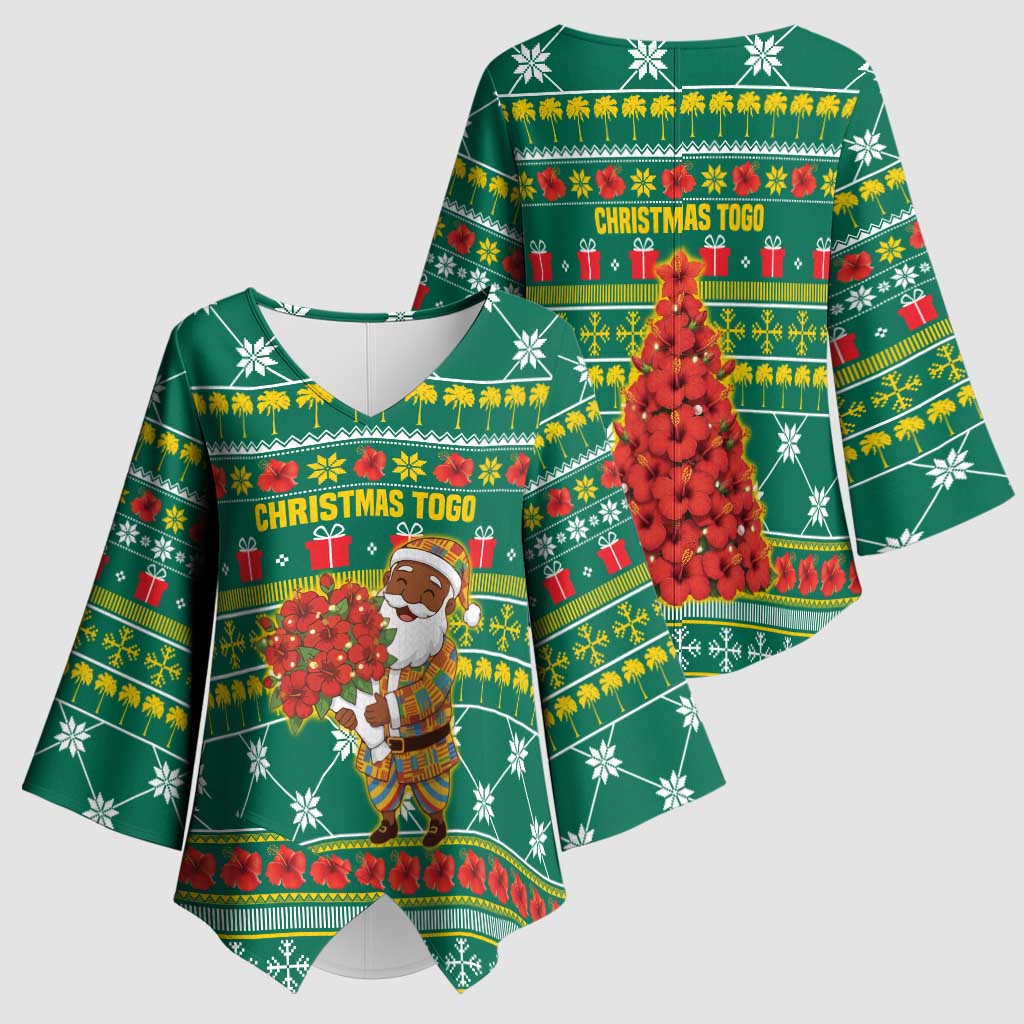Togo Christmas Kimono Sleeve Blouse with Santa Poinsettia Flower Tree Gifts and African Print Pattern - Wonder Print Shop