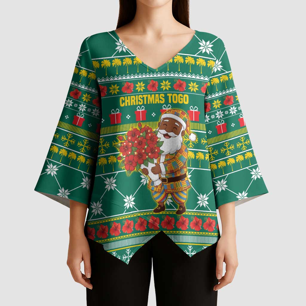 Togo Christmas Kimono Sleeve Blouse with Santa Poinsettia Flower Tree Gifts and African Print Pattern - Wonder Print Shop